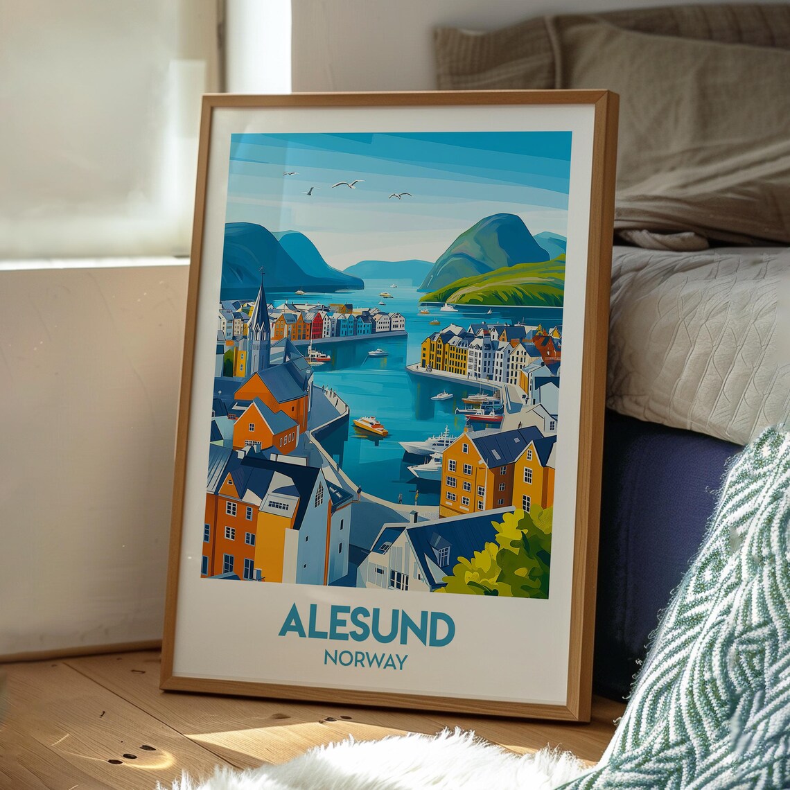 Alesund Norway Colorful Harbor Town Boats Fjord Travel Poster - Image 3