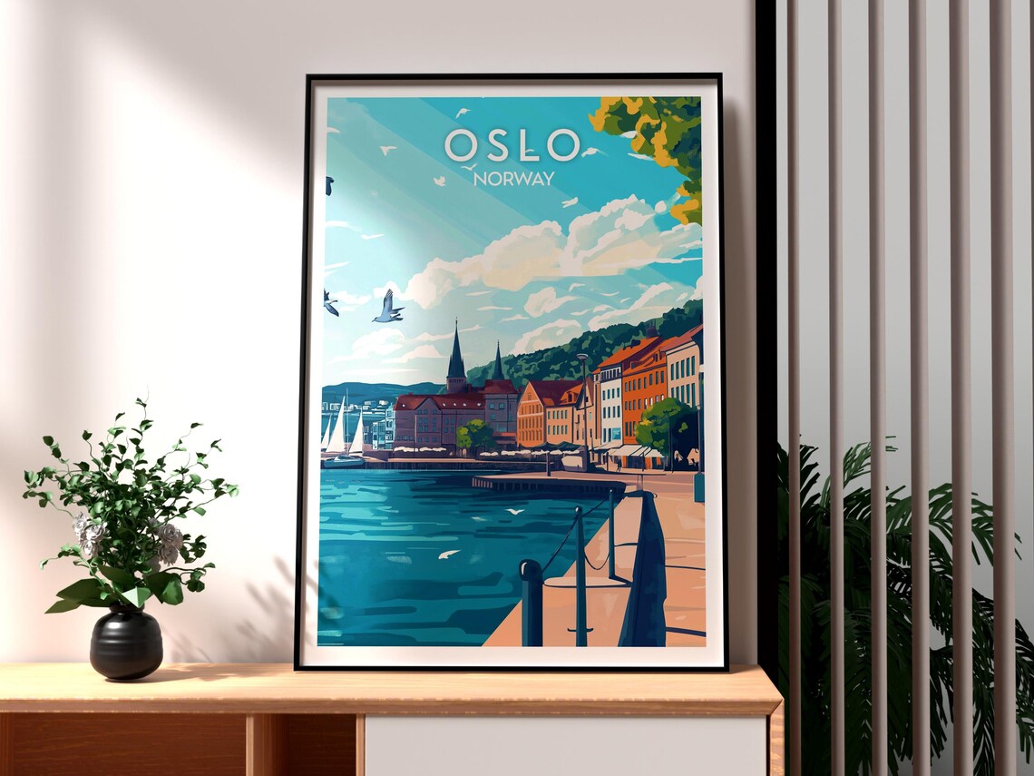 Oslo Norway Waterfront Sailboats Seagulls Vintage Travel Poster