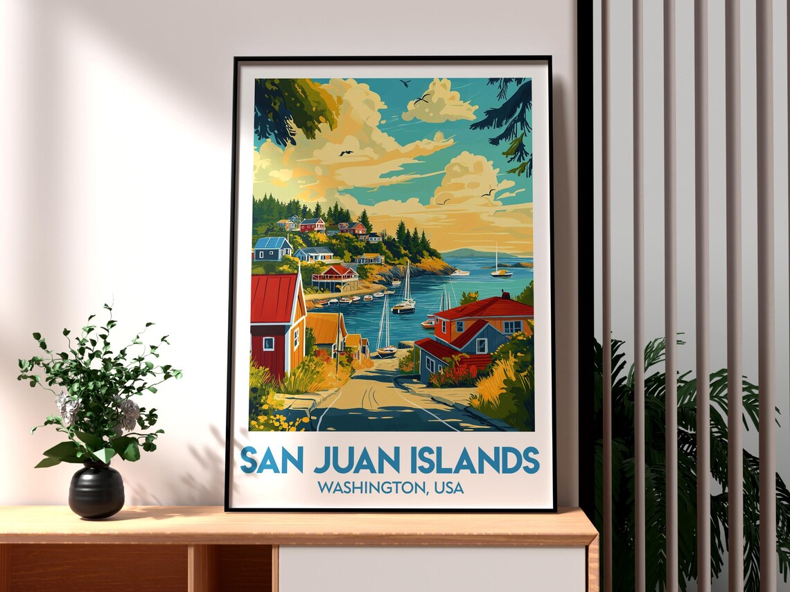 San Juan Islands Washington Sailboat Harbor Retro Travel Poster