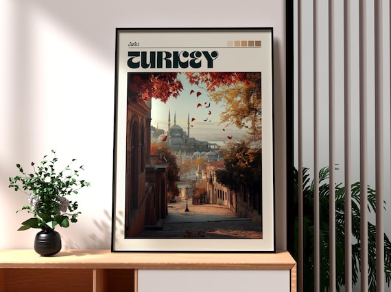 Turkey Istanbul Grand Mosque Minarets Autumn Leaves Travel Art Poster