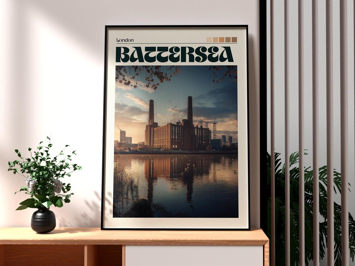 Battersea Power Station London Thames River Sunset Travel Poster