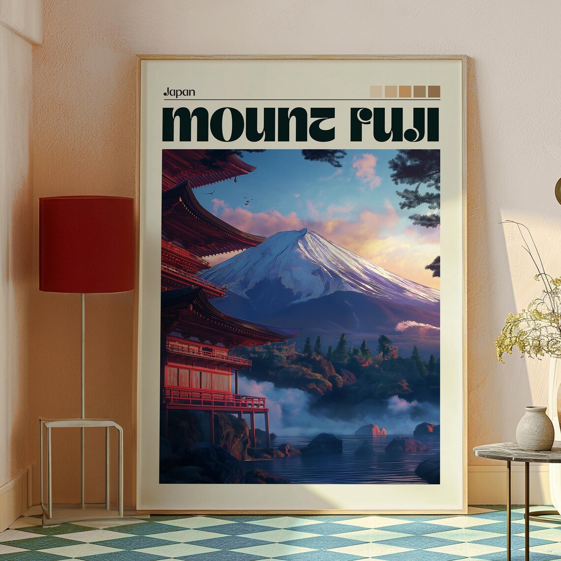 Mount Fuji Japan Red Pagoda Sunset Temple Peaks Travel Poster - Image 2