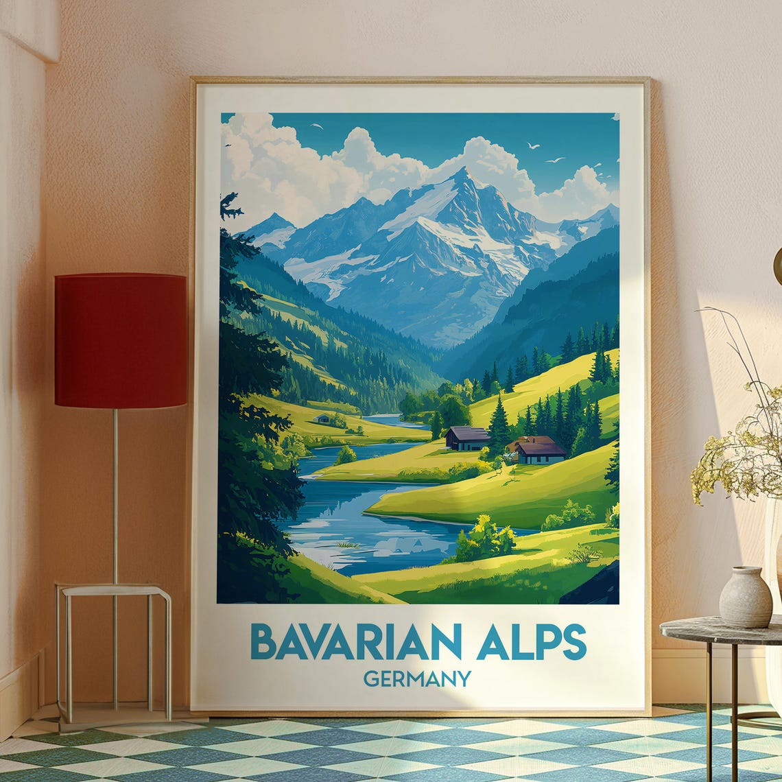Bavarian Alps Germany Snow Peak Green Valley River Travel Poster - Image 2