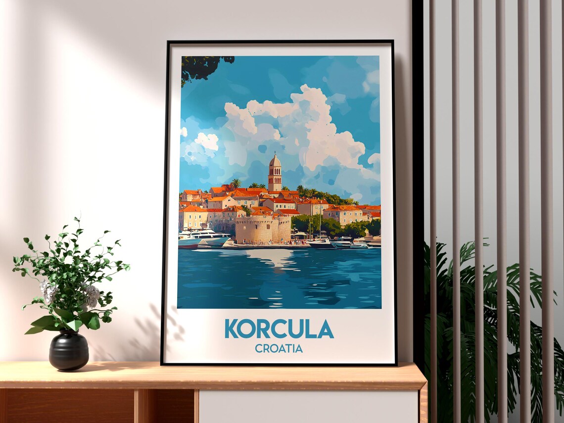 Korcula Croatia Island Old Town Harbor Adriatic Travel Poster