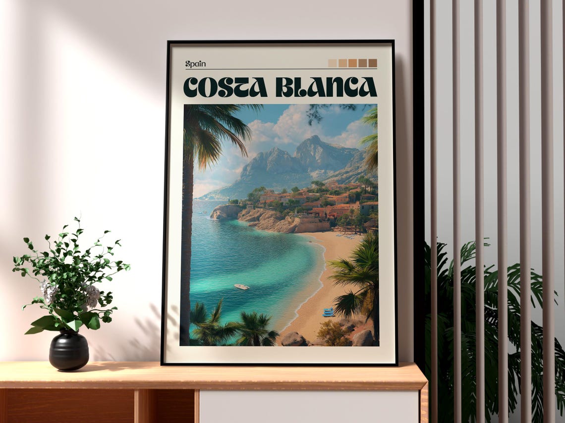 Costa Blanca Spain Mediterranean Beach Palms Cove Travel Poster