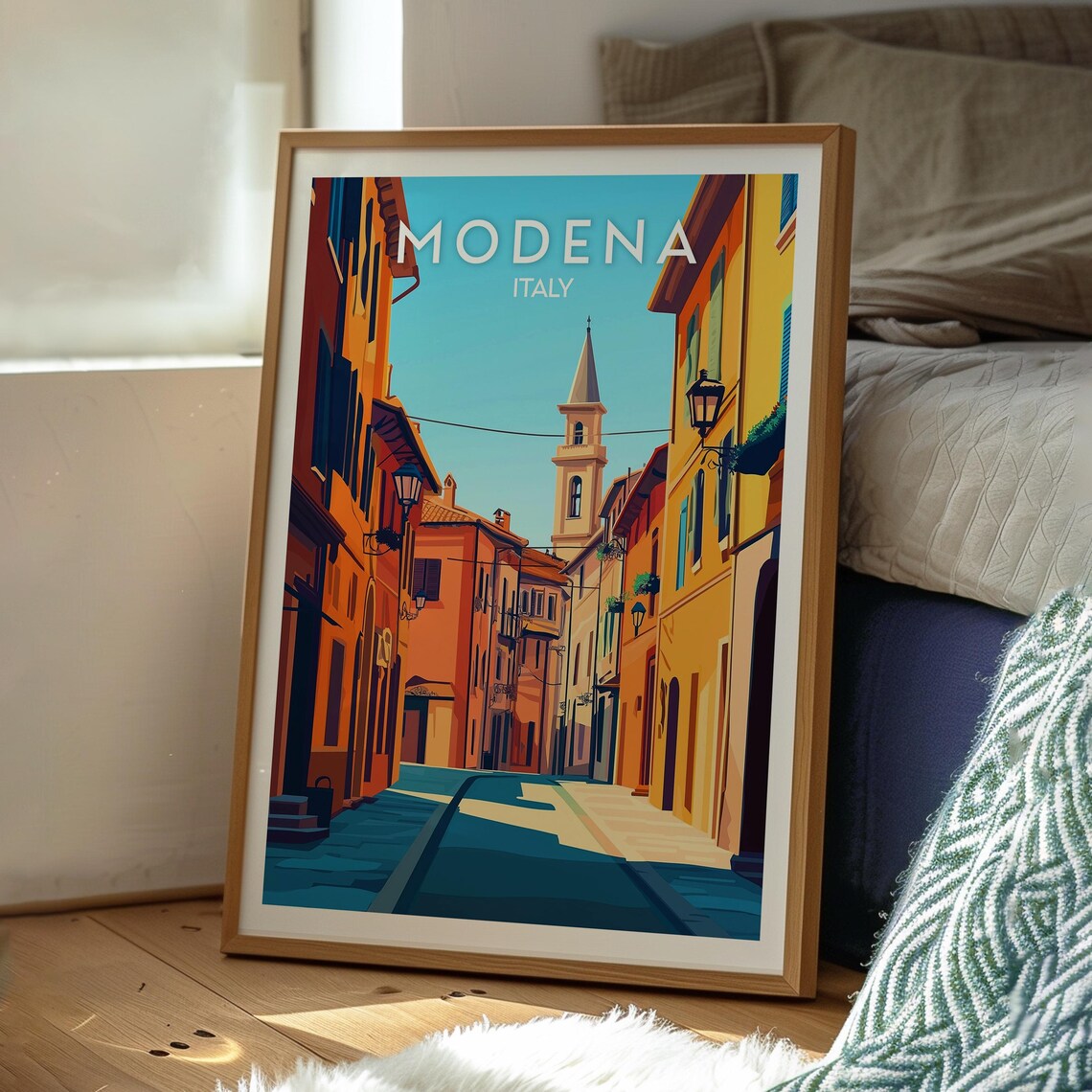 Modena Italy Charming Old Town Street Bell Tower Vista Poster - Image 3