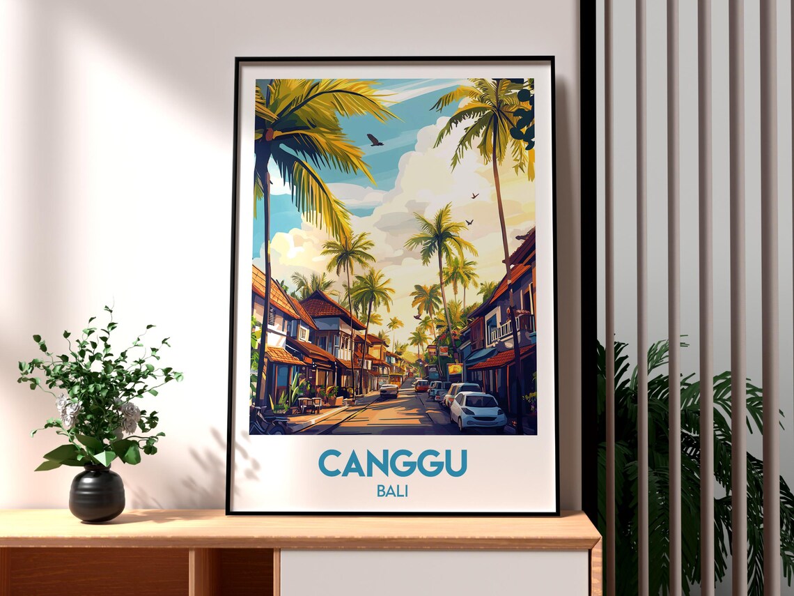 Canggu Bali Palm Lined Street Island Town Scene Sunset Travel Poster