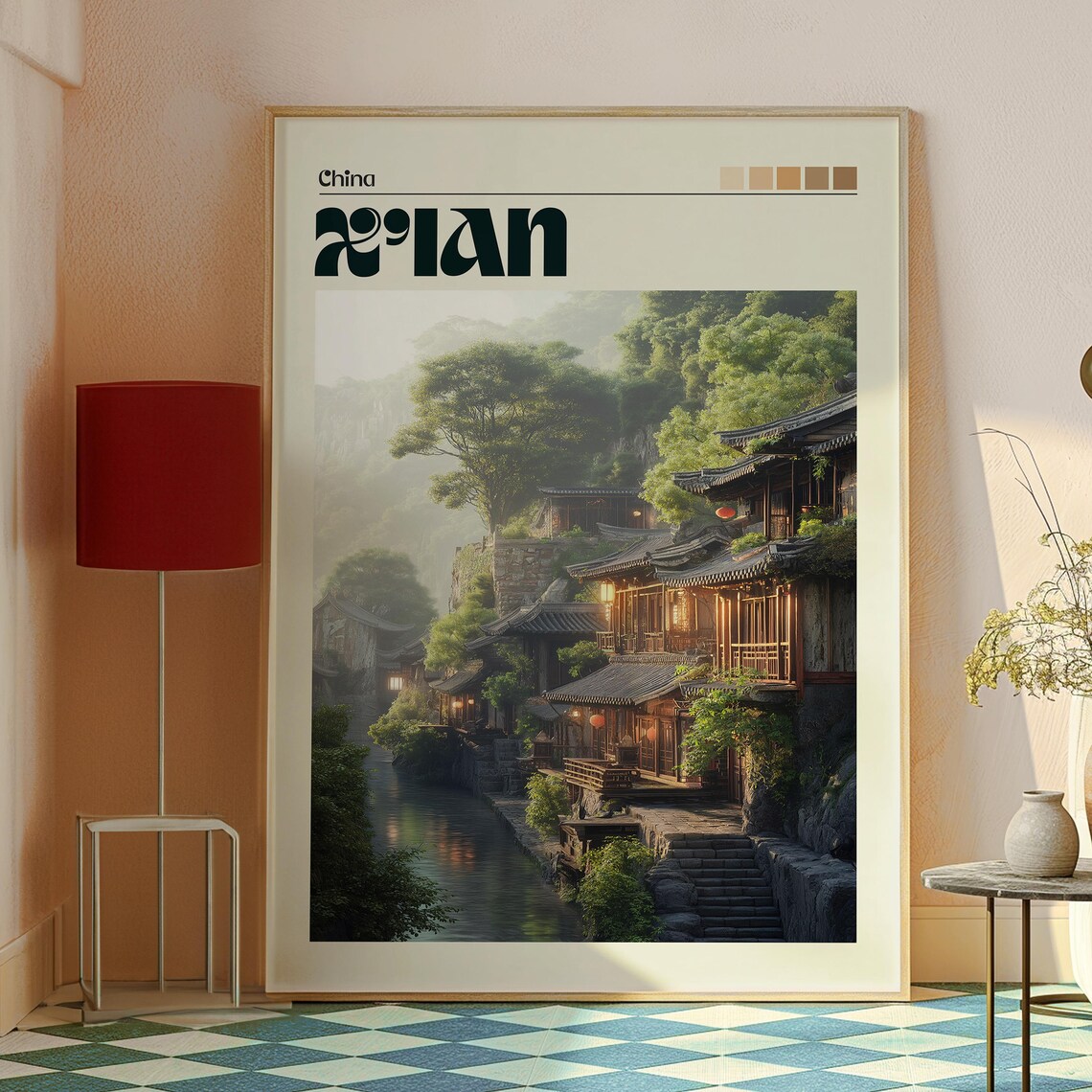 Xi An China Ancient Riverside Traditional Wooden Town Travel Poster - Image 2