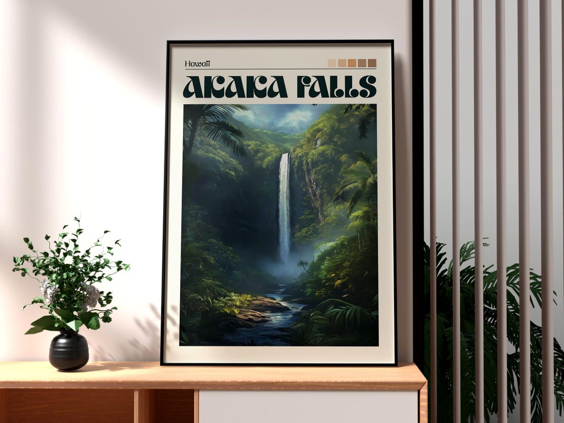 Akaka Falls Hawaii Waterfall Rainforest Big Island Travel Art Poster