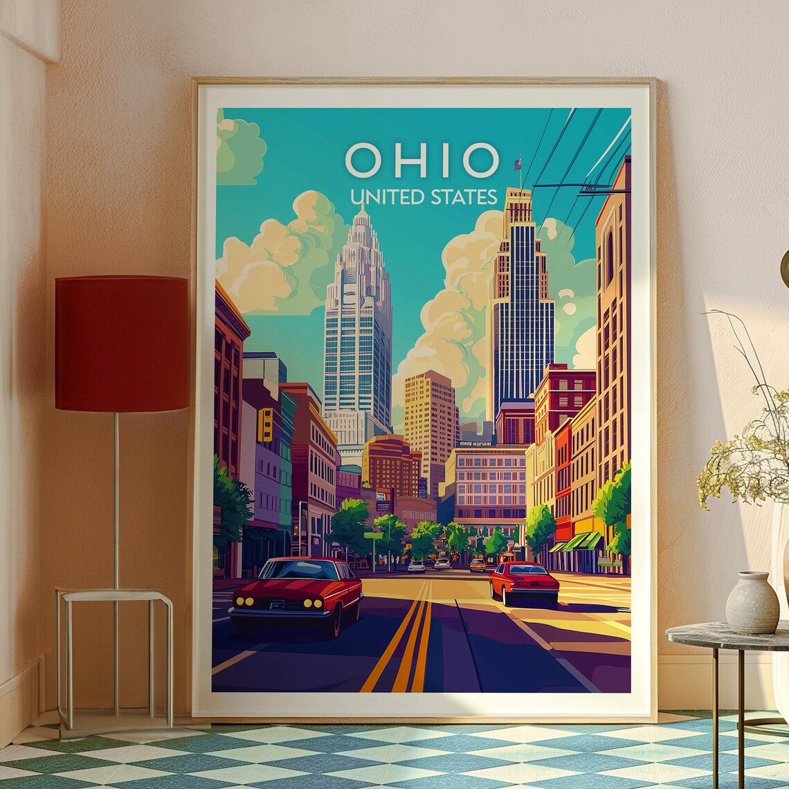 Ohio Downtown Classic Cars Wide City Street Skyline Scene Poster - Image 2