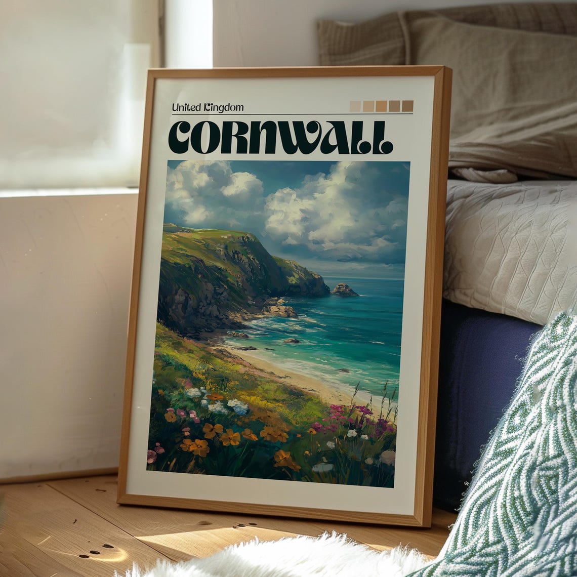 Cornwall England Coastal Cliffs Beach Wildflower Art Travel Poster - Image 3