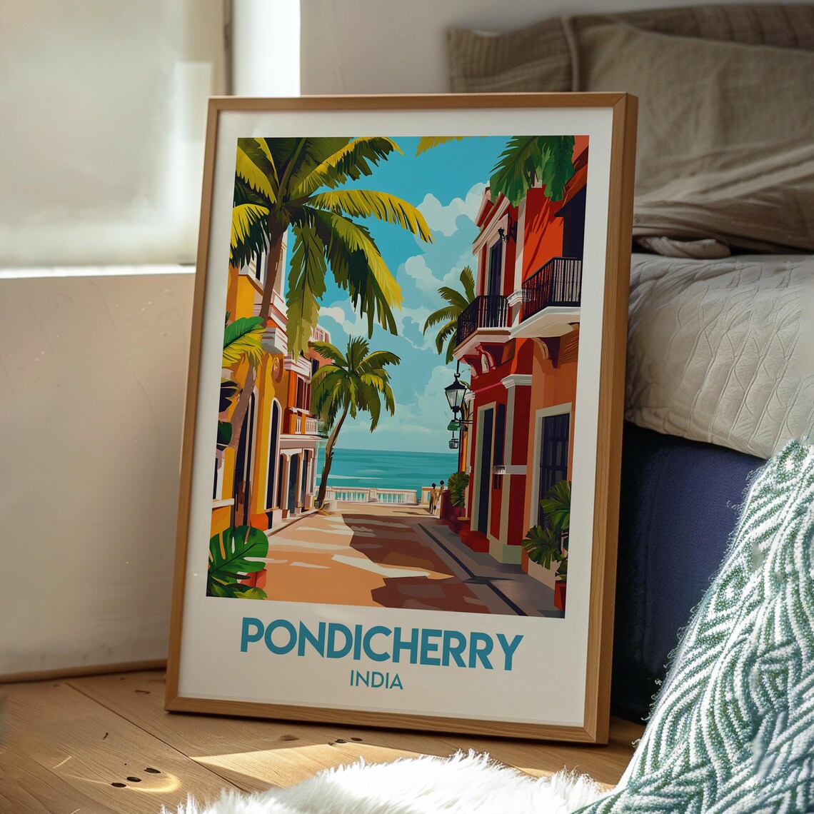 Pondicherry India Colonial Street Palms Seaside Retro Travel Poster - Image 3