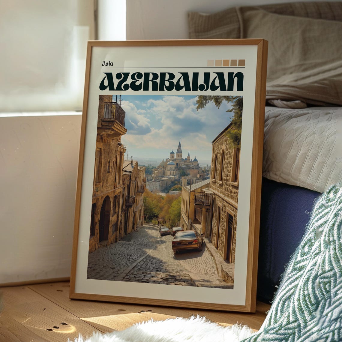 Azerbaijan Old Town Cobblestone Street Vintage Travel Poster - Image 3