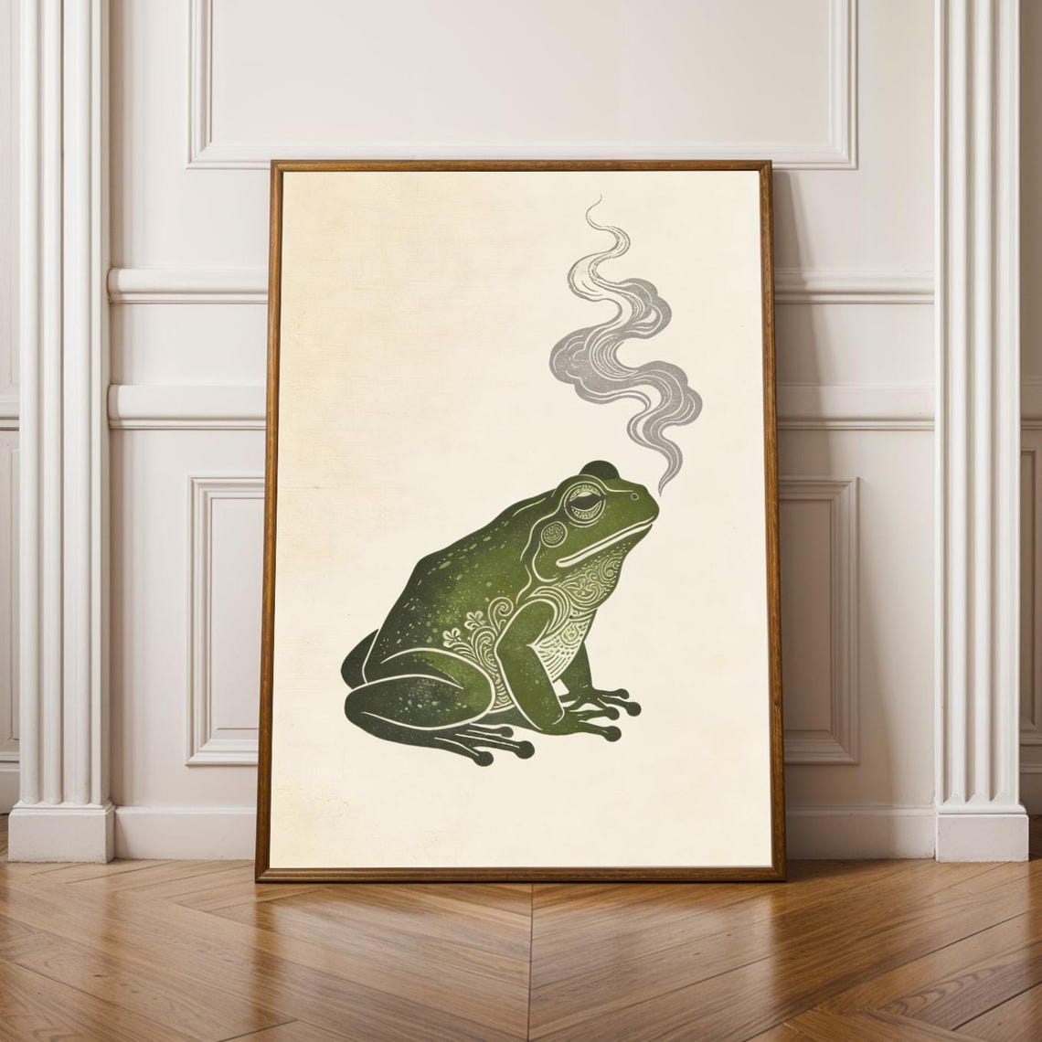 Zen Minimalist Green Frog With Curling Grey Smoke Art Poster
