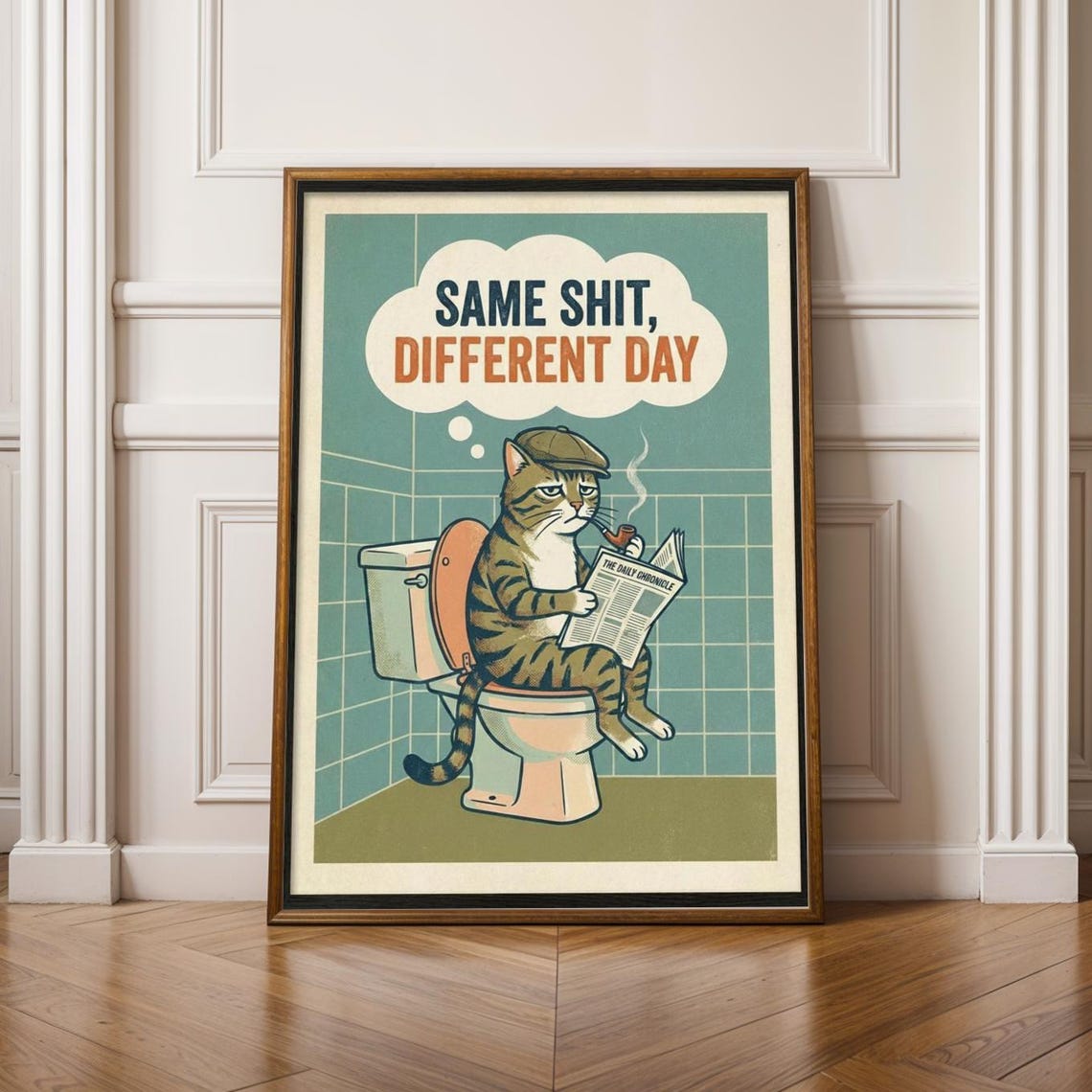 Smoking Cat Art Print Vintage Kitchen Poster Gouache Style