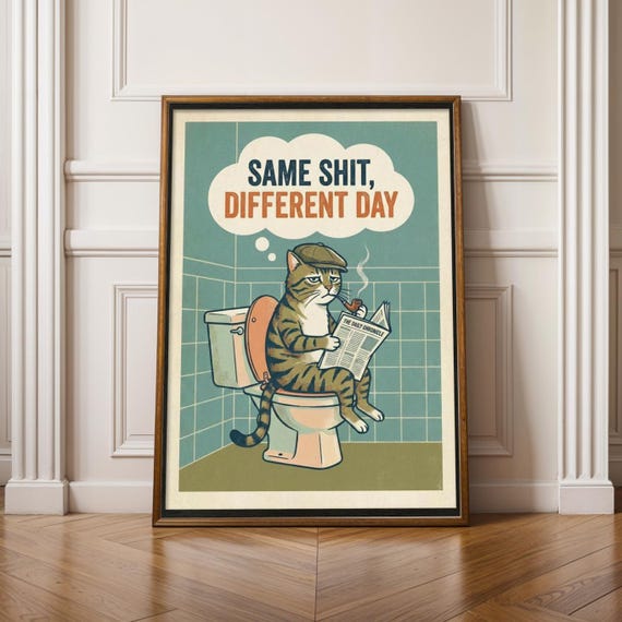 Smoking Cat Art Print Vintage Kitchen Poster Gouache Style