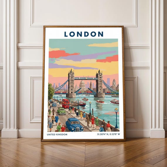 London Travel Poster Vintage City Wall Art Print Tower Bridge Illustration United Kingdom Decor