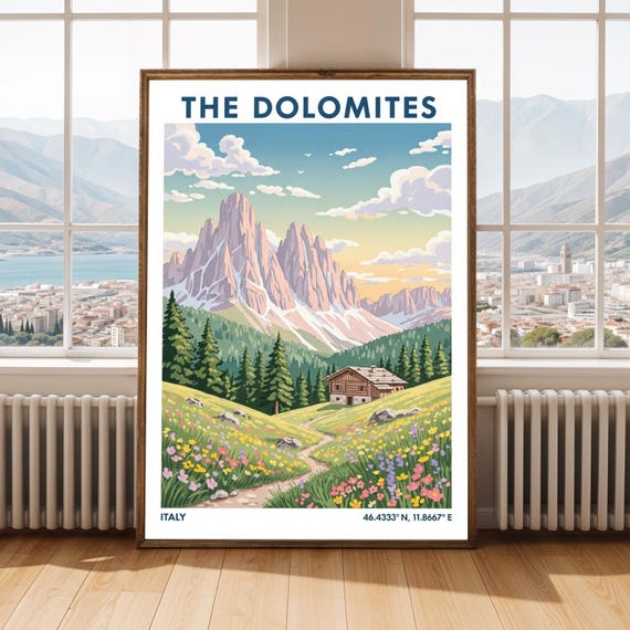 Dolomites Poster Vintage Travel Art Print Italian Mountain Landscape