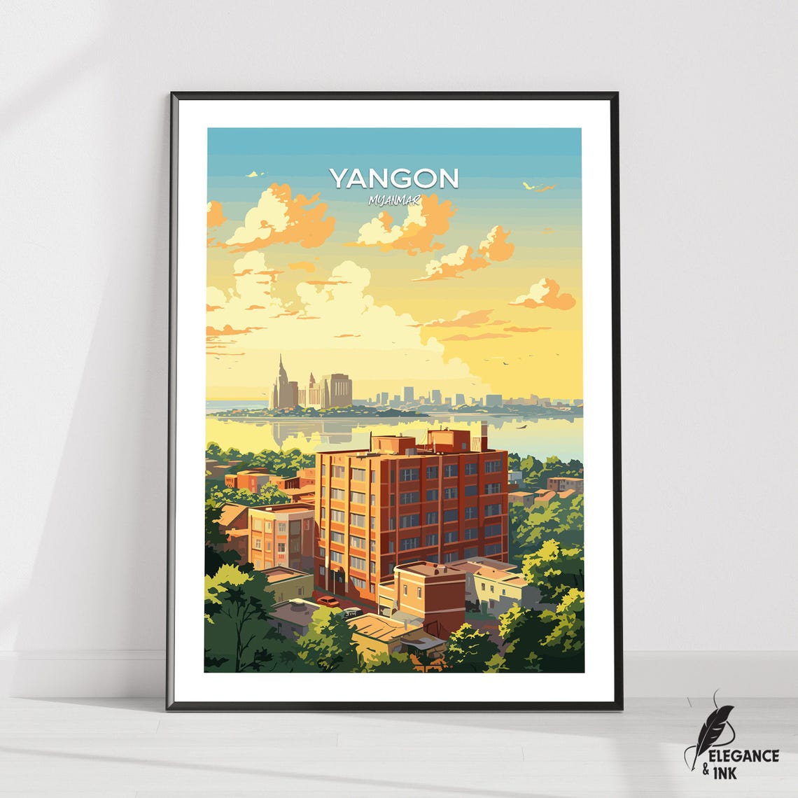 Yangon Myanmar Golden Hour Skyline Illustrated Travel Poster