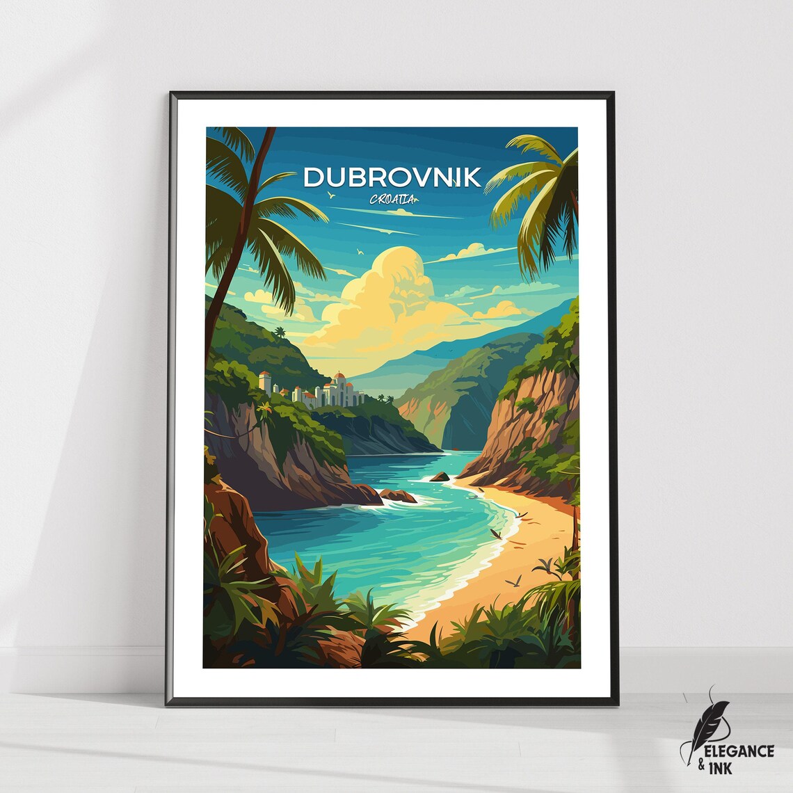Dubrovnik Croatia Palm Cove Beach Adriatic Style Travel Poster