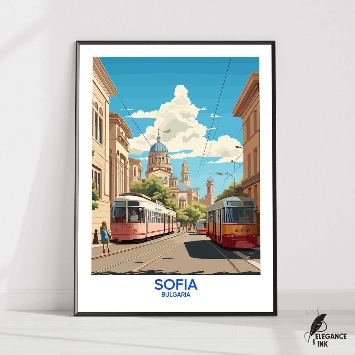 Sofia Bulgaria Vintage Travel Poster With Trams And Cathedral