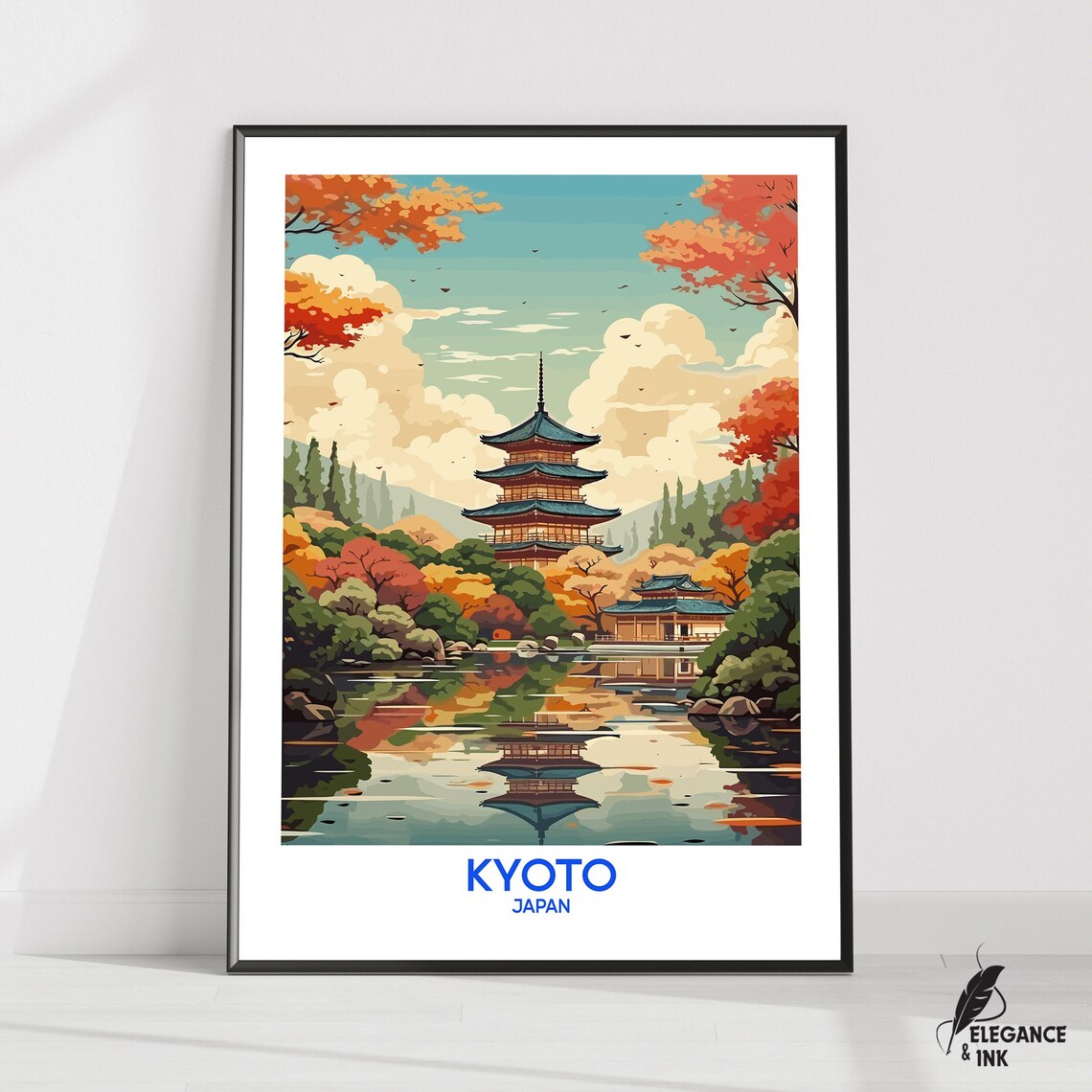 Kyoto Japan Five-Story Pagoda Pond Autumn Maples Travel Poster