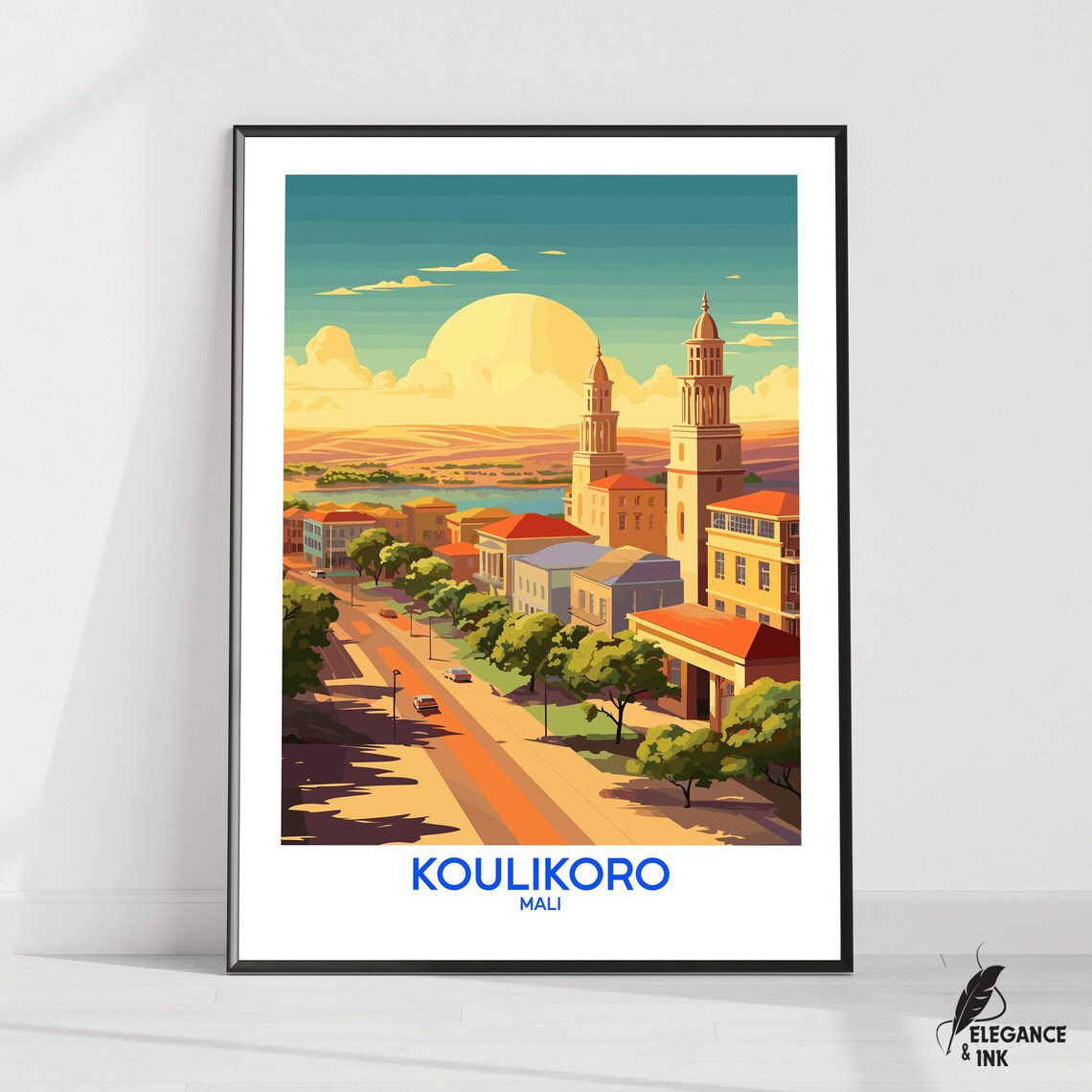 Koulikoro Mali Cathedral Towers Golden Sunset Vintage Travel Poster