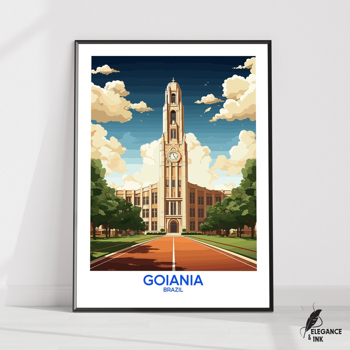 Goiania Brazil Clock Tower Red Running Track Vintage Travel Poster