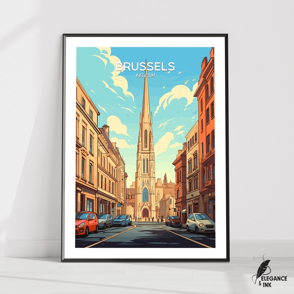 Brussels Belgium Church Street Travel Poster Top Text Design Art