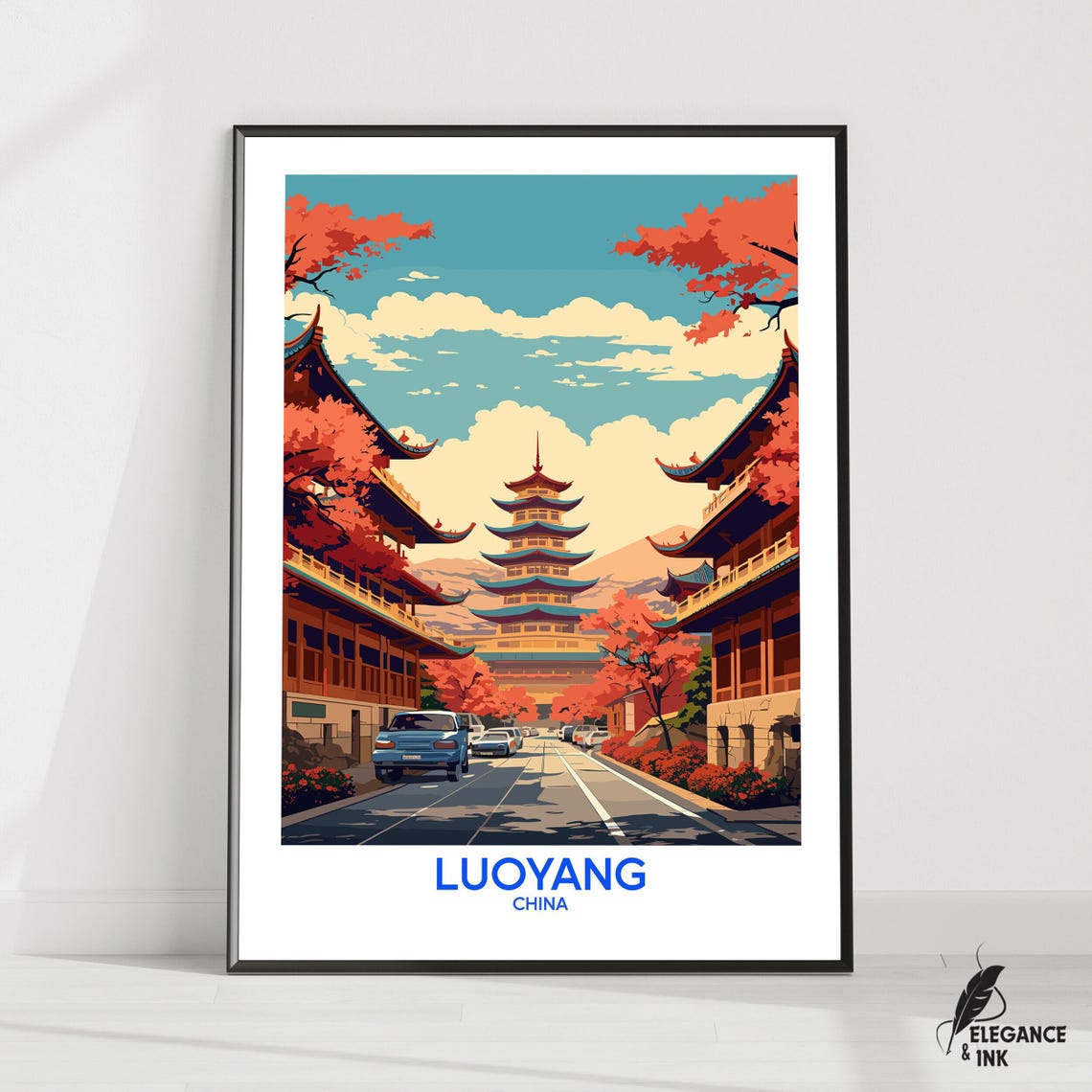 Luoyang China Red Maple Tree Pagoda Street Vintage Travel Poster