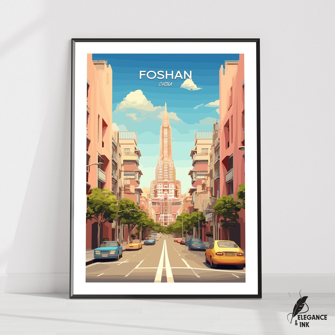 Foshan China Retro City Street Daytime Travel Illustration Poster