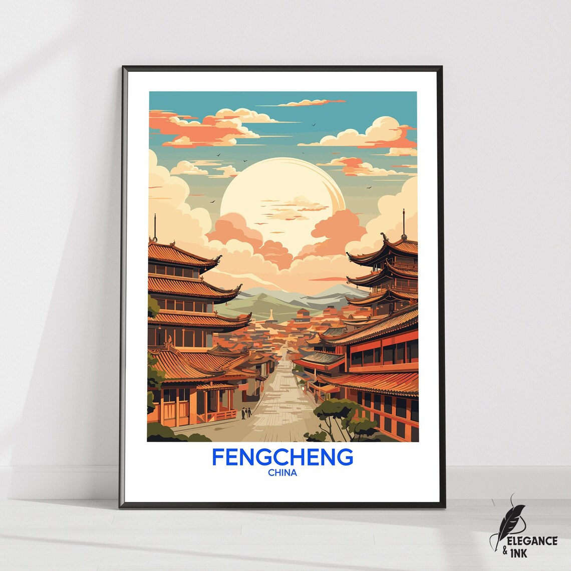 Fengcheng China Sunset Old Street Vintage Travel Poster Artwork