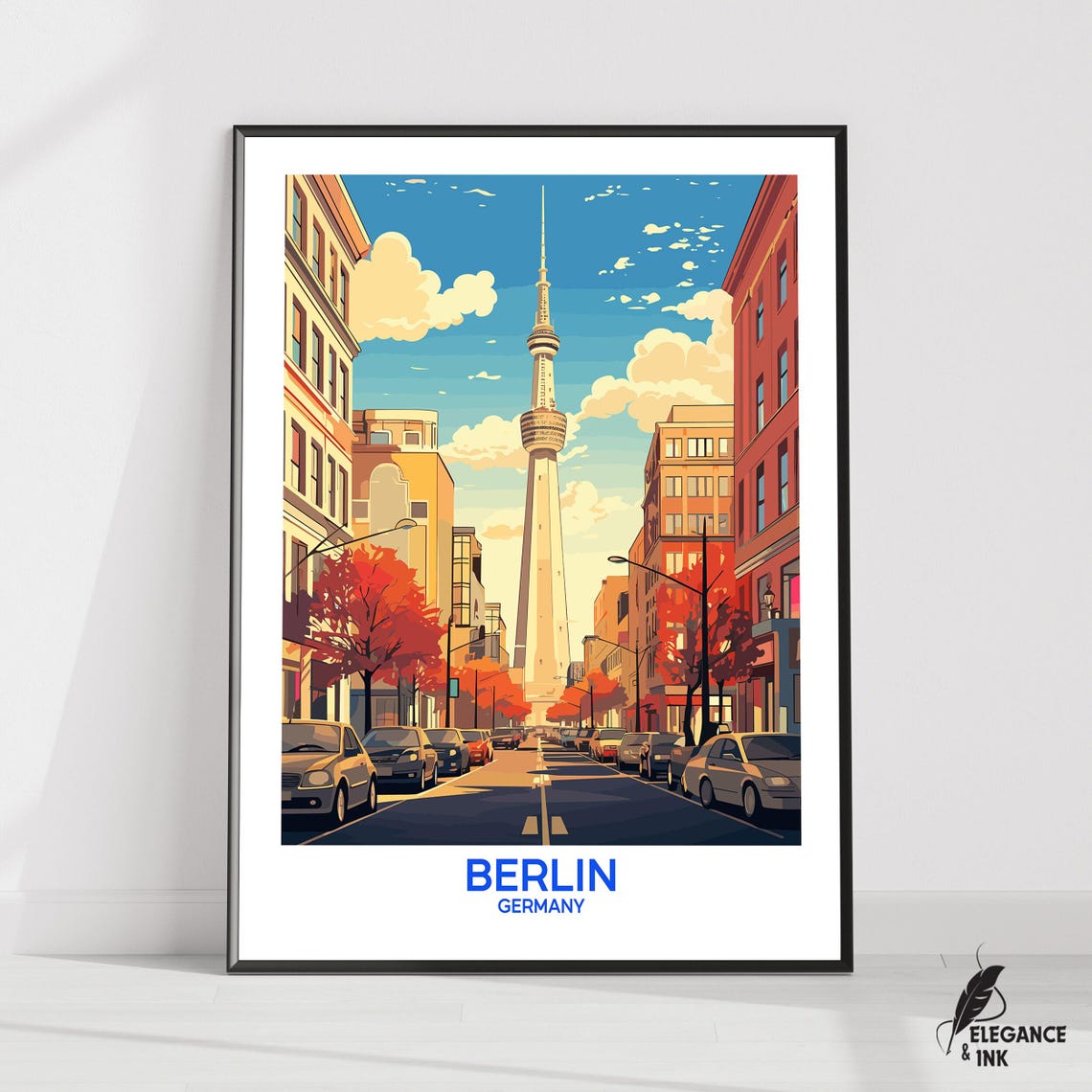 Berlin Germany Fernsehturm TV Tower Retro Street Travel Poster