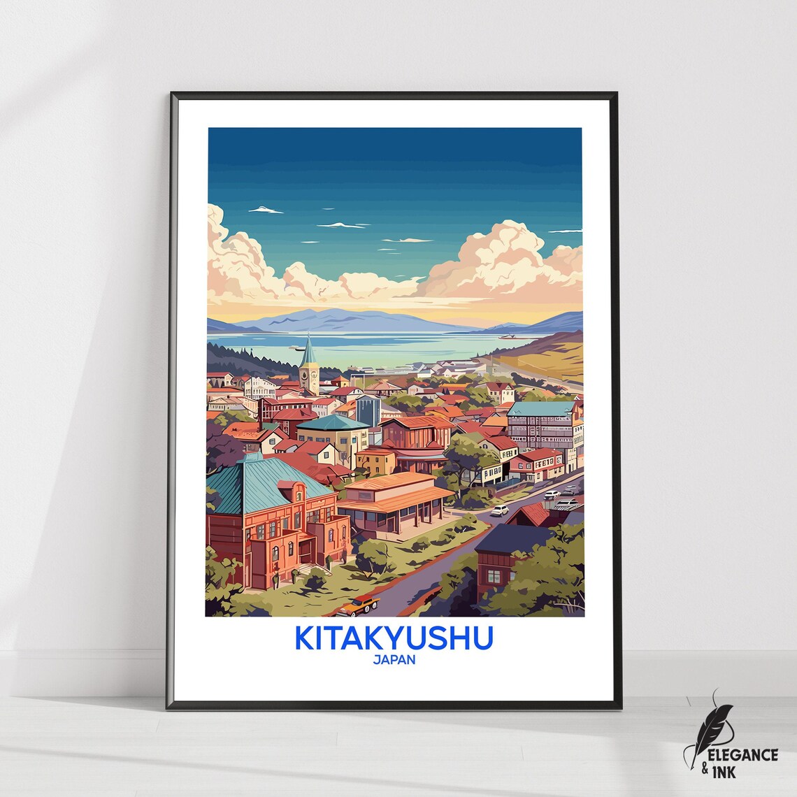 Kitakyushu Japan Coastal Cityscape Vintage Illustrated Travel Poster
