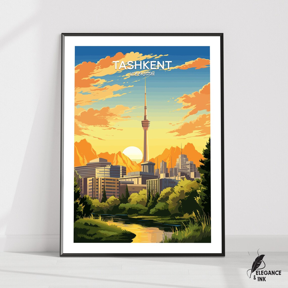 Tashkent Uzbekistan Sunset TV Tower Skyline Vintage Travel Poster