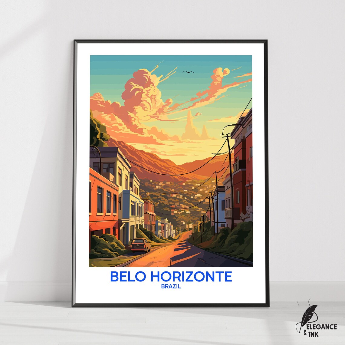 Belo Horizonte Brazil Sunset Street Mountain Retro Travel Poster