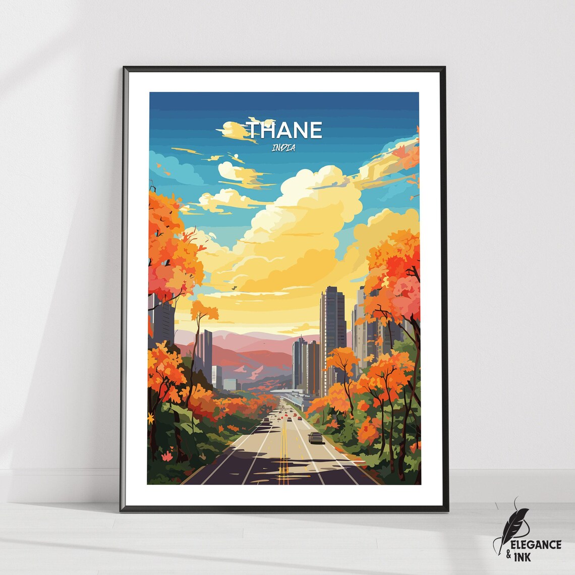 Thane India Golden Hour City Avenue Autumn Trees Travel Poster