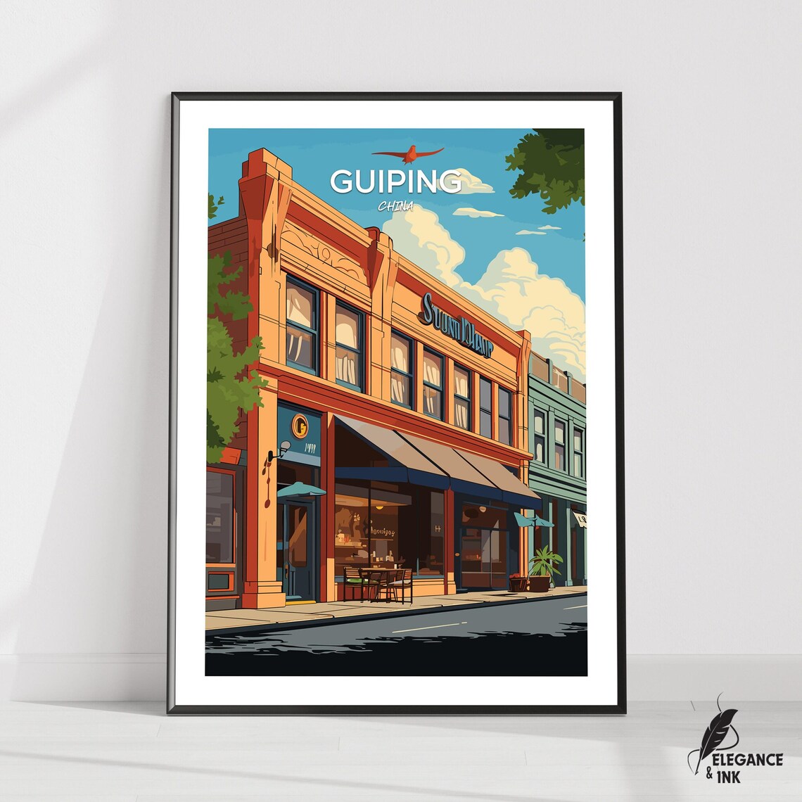 Guiping China Old Town Shopfront Daytime Colorful Illustration Poster