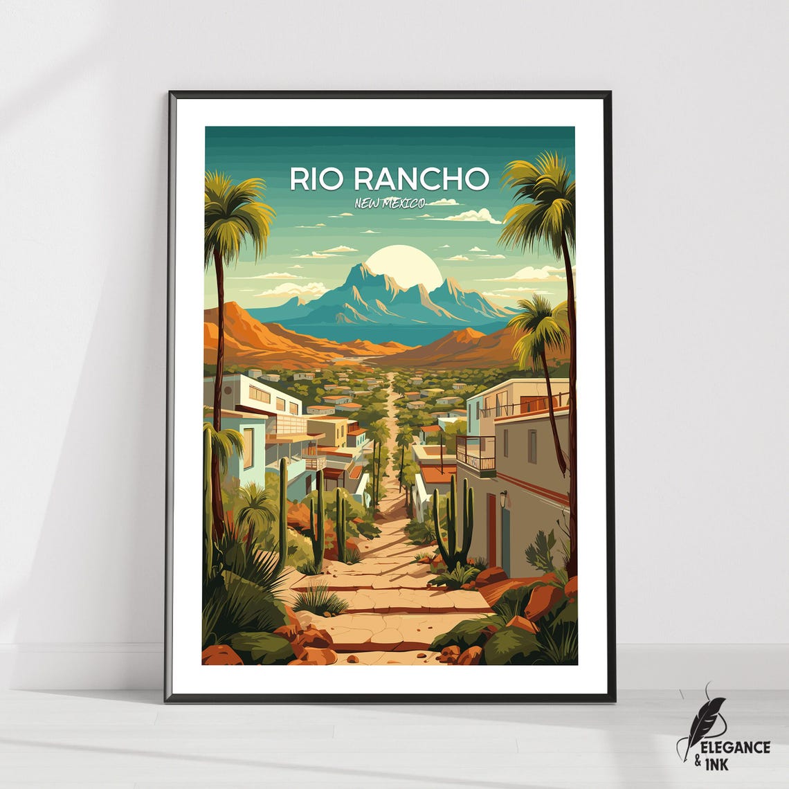 Rio Rancho New Mexico Sunlit Desert Town Palms Top-Text Art Poster