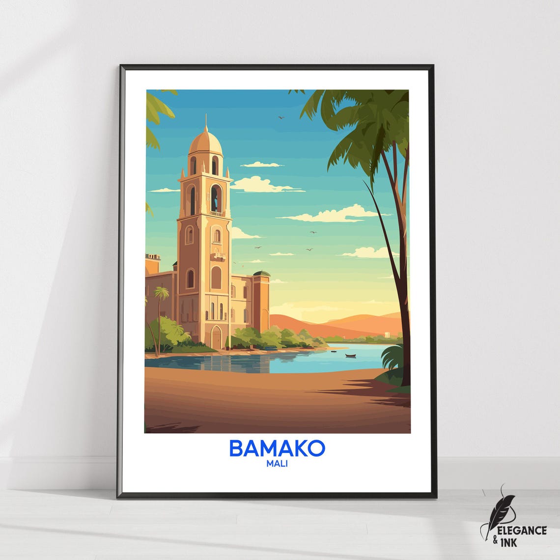 Bamako Mali Historic Bell Tower Riverside Illustration Travel Poster
