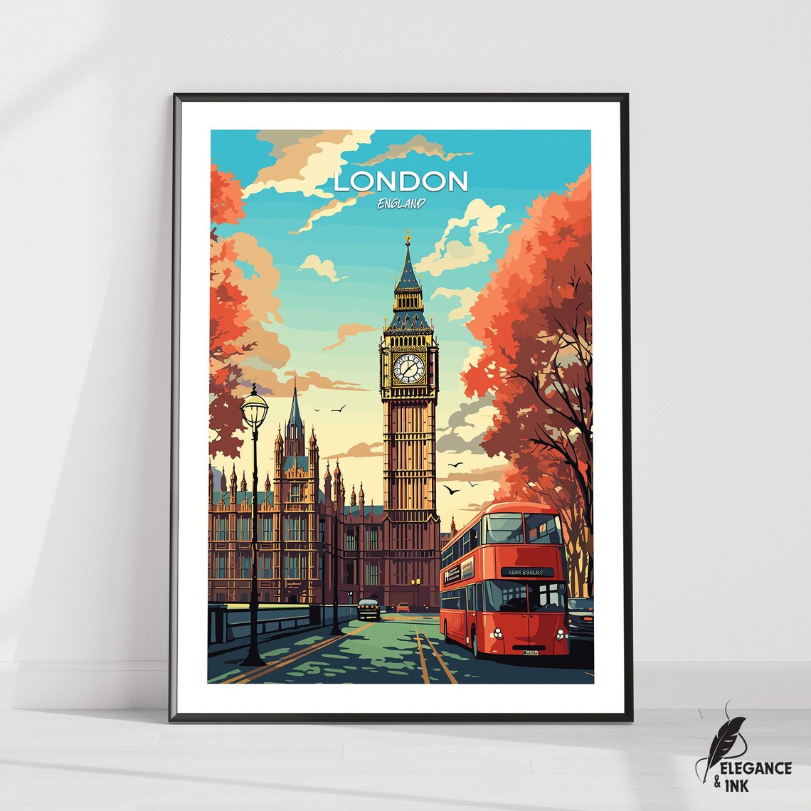 London England Big Ben and Red Bus Classic Vintage Travel Poster