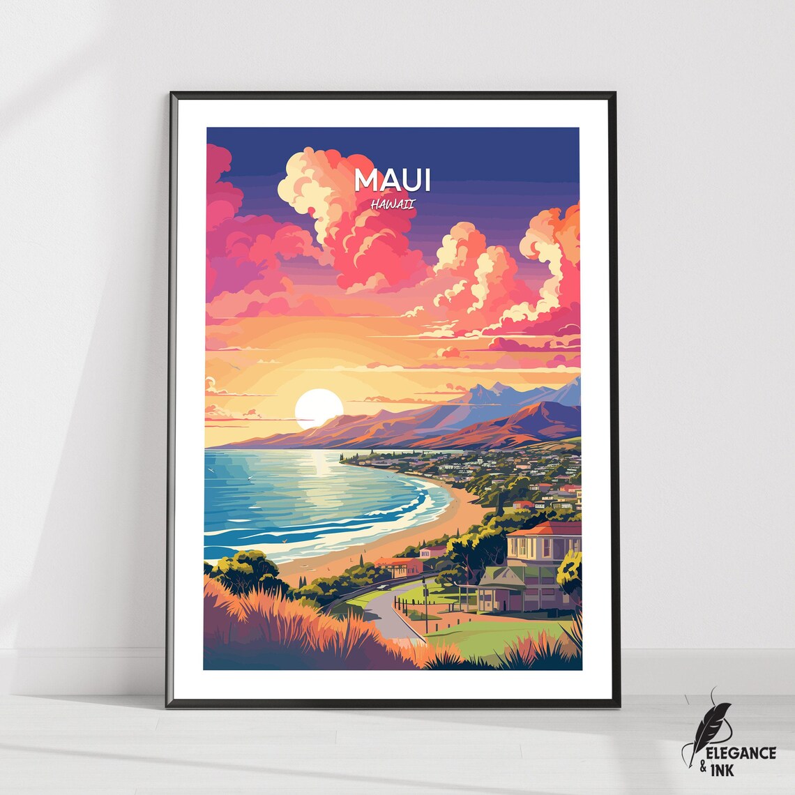 Maui Hawaii Sunset Beach Coast Retro Illustrated Travel Poster