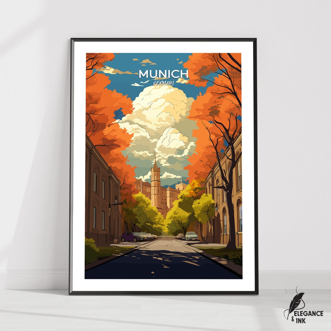 Munich Germany Autumn Skyline White Text Classic Travel Poster