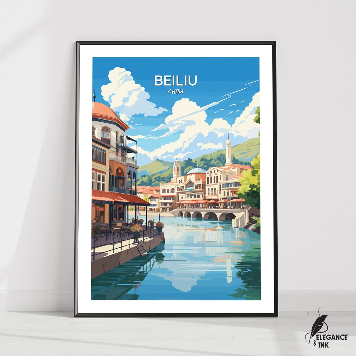 Beiliu China Riverside Old Town Arched Bridge Vintage Travel Poster