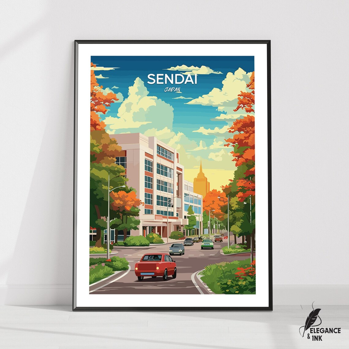 Sendai Japan Autumn Street Scene With Skyline Retro Travel Poster