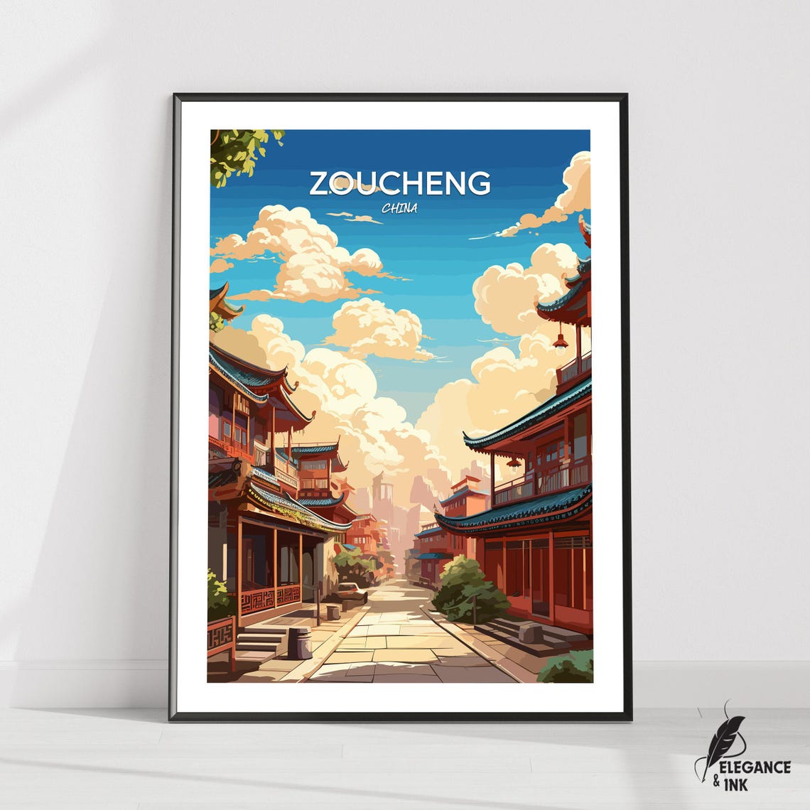 Zoucheng China Sunlit Old Street Cloudscape Illustration Poster