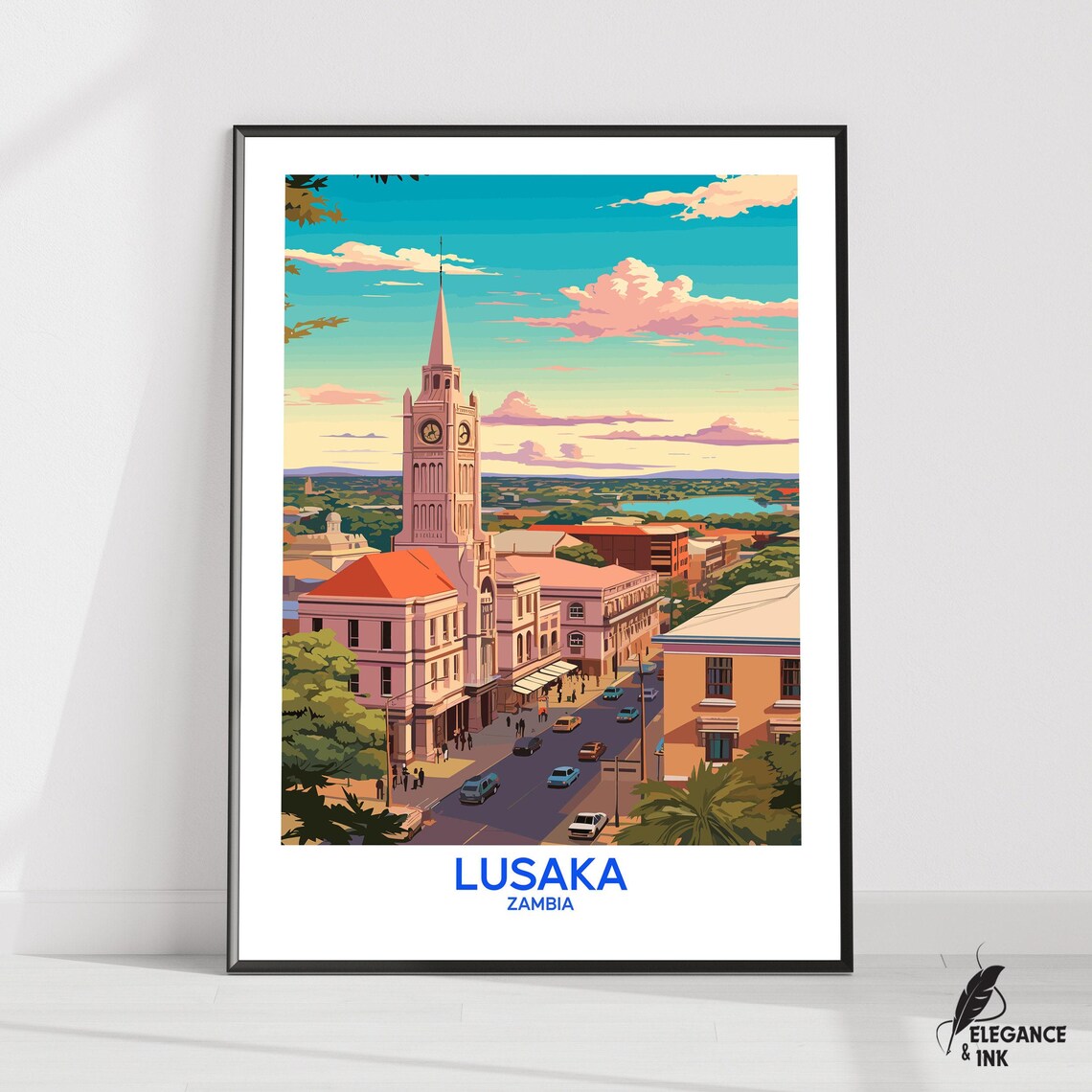 Lusaka Zambia Clock Tower Street Sunset Vintage Travel Poster