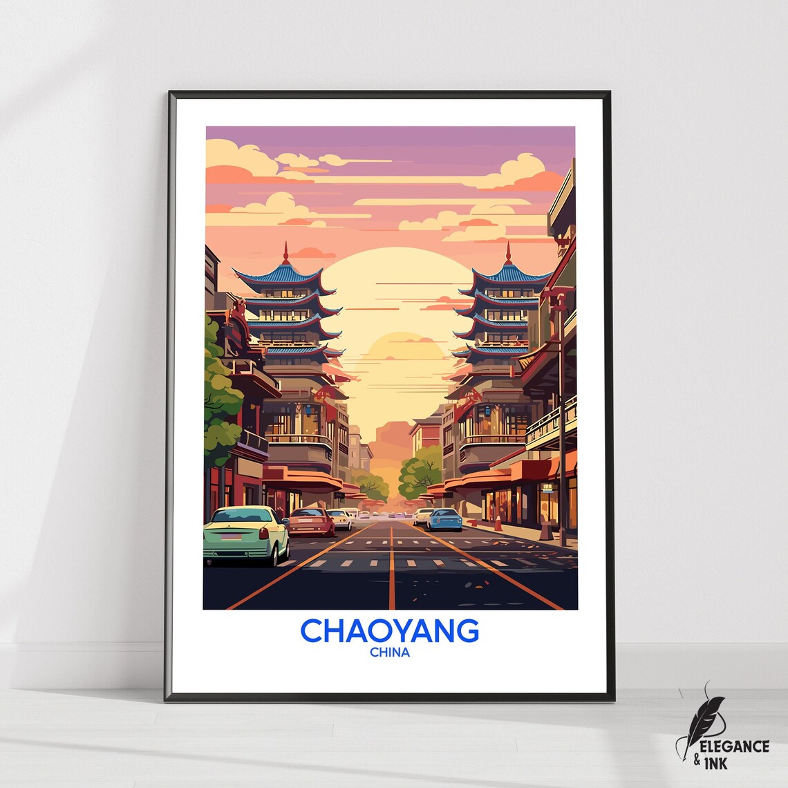 Chaoyang China Sunset Street Pagoda Travel Illustration Poster