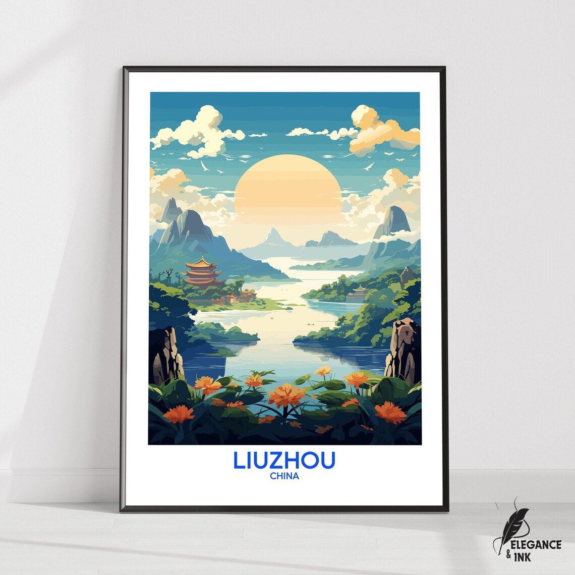 Liuzhou China Karst Mountain Pagoda River Sunset Vintage Travel Poster