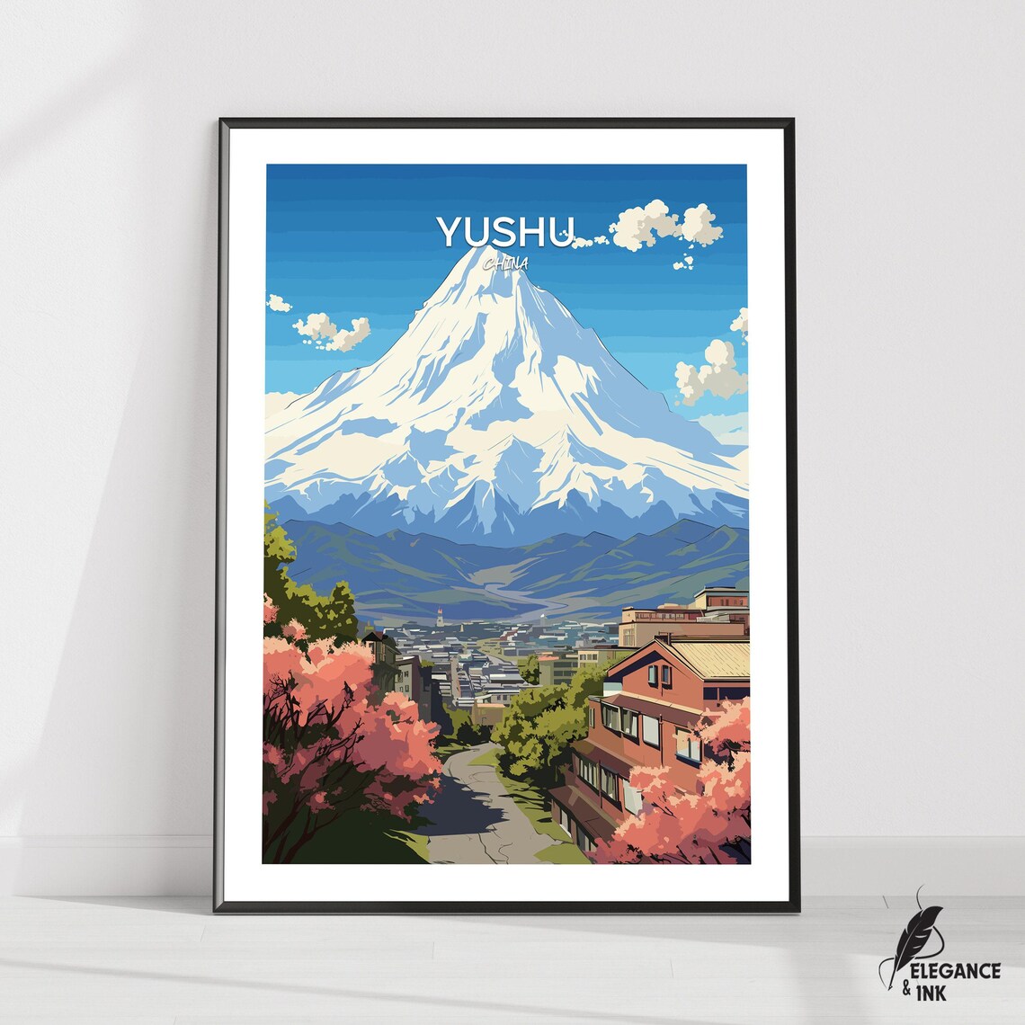 Yushu China Snowy Peak Above Blossom-Filled Town Travel Poster
